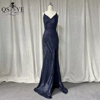 Сексуальные темно-синие вечерние платья на бретельках с V-образным вырезом, платье для выпускного вечера с блестками, кружевное женское платье с открытой спиной и разрезом спереди, женское платье