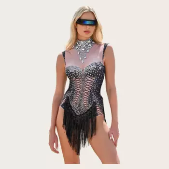 Сексуальные женские черные бриллиантовые блестящие боди с кристаллами, женские модные джазовые костюмы для танцевальных шоу, Облегающий комбинезон