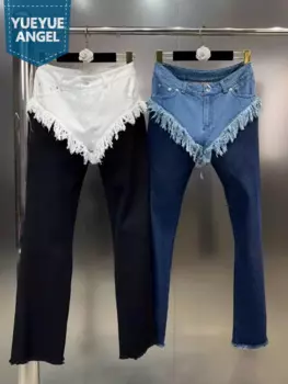 Сексуальные женские джинсы с имитацией двух частей, Сращенные джинсовые брюки с кисточками, повседневные уличные длинные брюки, Осенние прямые брюки со вставками