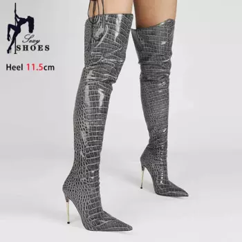 Сексуальные женские сапоги до бедра на высоком каблуке-шпильке, модные длинные туфли с острым змеиным принтом, брендовые сапоги выше колена, большие размеры 44, 45, 46