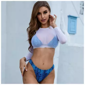 Сексуальный комплект бикини из трех предметов, бикини с длинным рукавом, накидка, купальник, женский купальник, купальный костюм с принтом, бюстгальтер + низ + накидка