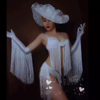 Сексуальный костюм для ночного клуба, бара, танцевальной команды Gogo, черное, красное, белое бикини с бахромой, кружевная шапка, Rave, клубный костюм, яркое шоу, праздничная одежда