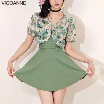 Сексуальный купальник VigoAnne из 2 частей, женский сплошной купальник с эффектом пуш-ап 2024, корейское закрытое Монокини, пляжный купальный костюм с коротким рукавом