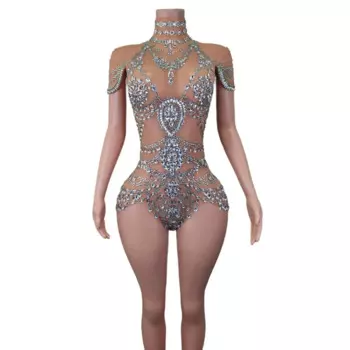 Сексуальный сценический Блестящий женский боди, роскошный женский костюм для выпускного бала, цельный эластичный прозрачный сетчатый короткий танцевальный костюм фрикционного королевы