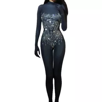 Сексуальный сверкающий эластичный комбинезон со стразами, перчатки, женский клубный вечерний костюм Drag Queen, певица, танцовщица, сценический костюм