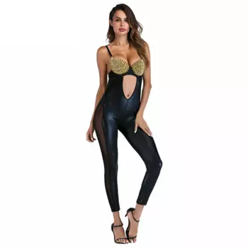 Сексуальный женский комбинезон с заклепками, Клубная одежда с v-образным вырезом, комбинезон без рукавов, облегающий вечерний комбинезон, Женский Летний комбинезон с открытой спиной