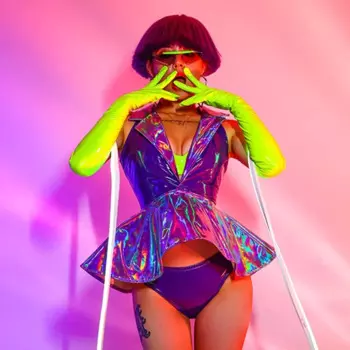 Сексуальный женский костюм gogo, лазерный кожаный костюм, флуоресцентный зеленый танцевальный костюм для ночного клуба, джазового танца, сценический костюм певицы