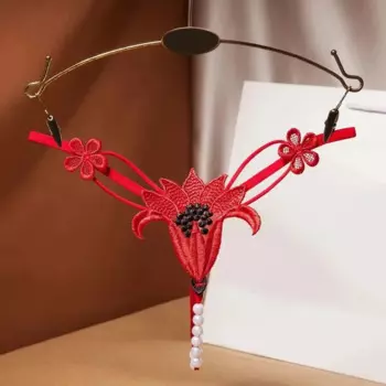 Sexy Lace G-String Embroidery Crotchless Hollow Thongs Solid Color With Pearl T Back Temptation Panties For Women Трусы Женские