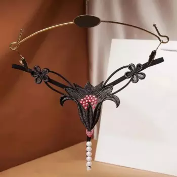 Sexy Lace G-String Embroidery Crotchless Hollow Thongs Solid Color With Pearl T Back Temptation Panties For Women Трусы Женские