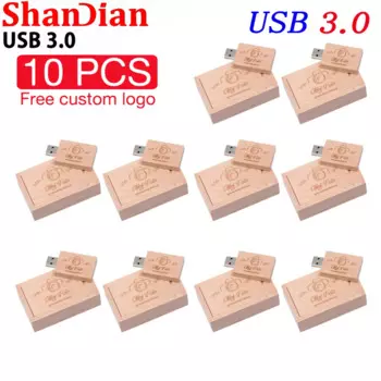 SHANDIAN 10 шт./партия Деревянный USB 3,0 флэш-накопитель 128 ГБ с бесплатным пользовательским логотипом с коробкой, флэш-накопитель 64 ГБ, свадебный подарок, флэш-накопитель, U-диск