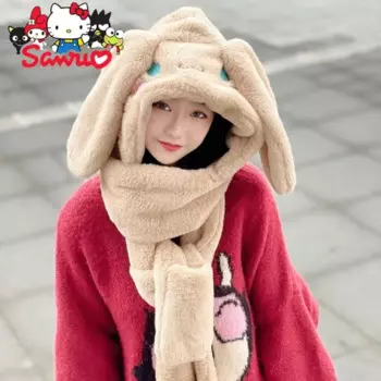 Шапка-шарф Sanrio Cinnamoroll для девочки «Три в одном», Женская плюшевая шапка, плотный теплый мультяшный Слюнявчик с защитой от холода, подарок на Рождество