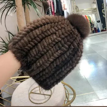 Шапка женская вязаная, из натурального меха норки, теплая, зимняя, меховая шапка из натуральной норки