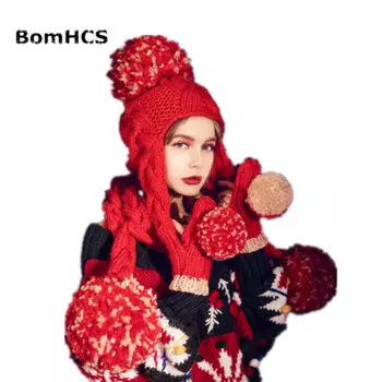 Шарф BomHCS с большими помпонами (2 шт.), шапка-шарф и перчатки, вязаная шапка ручной работы, шейный платок, варежки, 100%