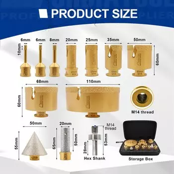 SHDIATOOL Набор алмазных сверл 12 шт. М14