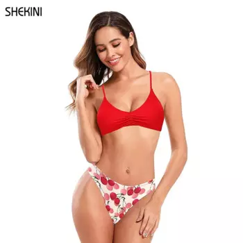 SHEKINI женские купальные костюмы с рюшами, комплект бикини с низкой талией и принтом, купальные костюмы из двух частей