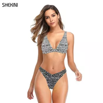 SHEKINI женский купальник с треугольным принтом и глубоким V-образным вырезом, бикини с V-образным вырезом, купальные костюмы из двух частей, летние пляжные купальные костюмы
