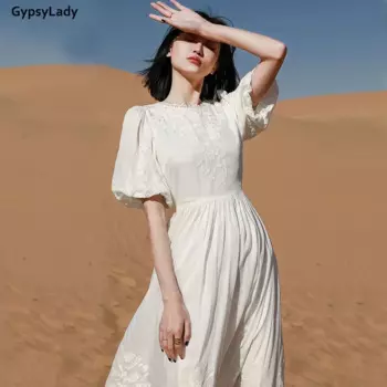 Шелковое платье-миди GypsyLady с цветочной вышивкой, белые летние элегантные сказочные платья с круглым вырезом и коротким пышным рукавом, женское платье