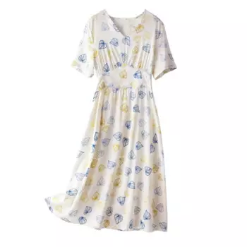Шелковое платье, Новинка лета 2024, Элегантное Шелковое Платье миди с коротким рукавом и принтом