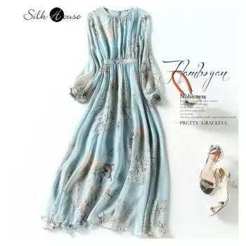 Шелковое приталенное платье для ранней осени, новинка 2021, женское модное шелковое платье с рукавом-рубашкой и круглым вырезом