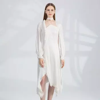 Шелковое жаккардовое длинное плиссированное платье с деревянными краями и ушками, женское асимметричное платье с длинным рукавом AY257