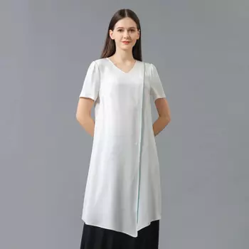 Шелковые белые женские топы 40 м/м, элегантные футболки с V-образным вырезом и коротким рукавом, свободная длинная футболка с декоративным подолом и разрезом, BE677