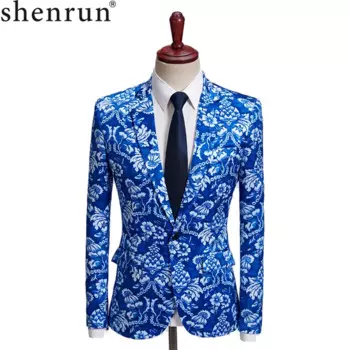 Shenrun Мужской Блейзер, модный приталенный пиджак, повседневный Синий Облегающий костюм с цветочным принтом, пиджак, Свадебный костюм для сцены, большие размеры