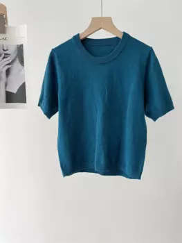 Шерстяная женская свободная простая универсальная трикотажная футболка с круглым вырезом, женская винтажная синяя трикотажная футболка с короткими рукавами