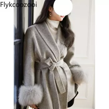 Шерстяное пальто со шнуровкой на талии, Осень-зима, с длинным рукавом, свободная накидка для пожилых людей, верхняя одежда средней длины, Женская куртка