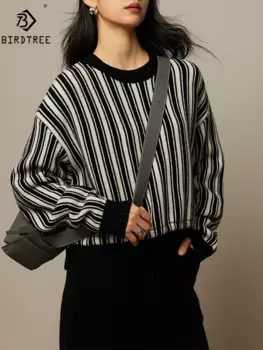 Шерстяной элегантный свитер BirdTree, Basolan, женский полосатый Повседневный модный Свободный вязаный свитер с круглым вырезом, Осень-зима 2024, T47006QM