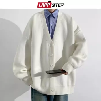 Шерстяной кардиган LAPPSTER в стиле Харадзюку на пуговицах, свитер, верхняя одежда, корейские модные вязаные свитера, мужские винтажные вязаные свитера с V-образным вырезом и графическим рисунком