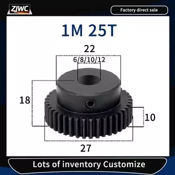 Шестерня цилиндрической шестерни 1 м, 25 зубьев, 1 мод, правые зубья 45 # Стальная шестерня 6 мм, 8 мм, 10 мм, 12 мм, отверстие, мотор-редуктор, коробка передач