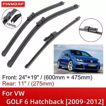 Щетки стеклоочистителя для VW GOLF 6, хэтчбек, 2009-2012, 24 дюйма + 19 дюймов + 11 дюймов, аксессуары для резака, 2009, 2010, 2011, 2012