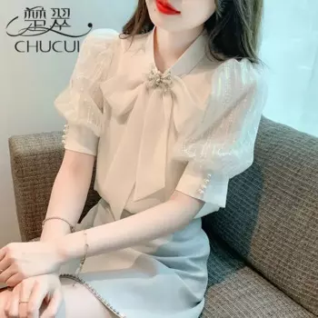 Шифоновая женская летняя рубашка с коротким рукавом в иностранном стиле новинка 2024 футболка с пузырьковыми рукавами