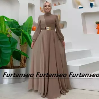 Шифоновое элегантное вечернее платье в стиле Саудовской Аравии с длинным рукавом, высоким воротником, поясом, молнией сзади, плиссированное двухцветное платье длиной до пола, арабский стиль