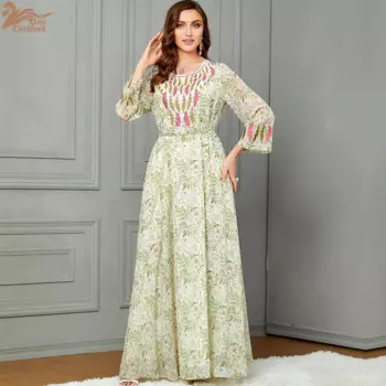 Шифоновое платье с длинным рукавом и цветочной вышивкой