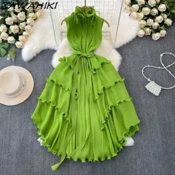 Шифоновые вечерние платья для женщин, милое Плиссированное женское платье с оборками, темпераментное Бандажное платье в стиле пэчворк, женская одежда без рукавов