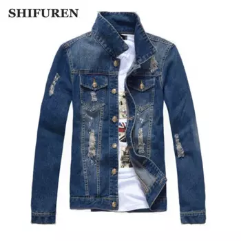 SHIFUREN повседневная мужская синяя джинсовая куртка с длинным рукавом, однобортная Мужская рваная ковбойская джинсовая куртка, верхняя одежда, большие размеры M-3XL
