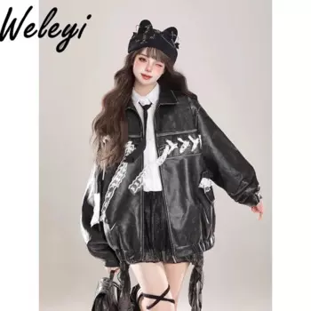 Шикарные американские женские куртки из искусственной кожи для женщин, осенне-зимняя новая высококачественная милая крутая свободная красивая куртка Ruffian