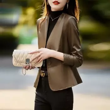 Шикарные кожаные куртки, женская верхняя одежда, весна-осень 2024, новый модный однобортный короткий приталенный Блейзер из искусственной кожи, куртка, топы