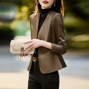 Шикарные повседневные кожаные куртки, женская верхняя одежда, весна-осень 2024, новый короткий приталенный Блейзер из искусственной кожи в гонконгском стиле, куртка, топы