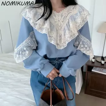 Шикарный элегантный кружевной лоскутный пуловер Nomikuma с оборками, свитшот, женский осенне-зимний Повседневный Топ с длинным рукавом, джемпер, новинка 2023