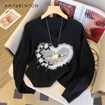 Шикарный мягкий свитер с длинными рукавами, женский осенне-зимний японский ретро ленивый дизайн, трикотаж с v-образным вырезом, короткий вязаный пуловер
