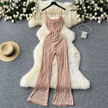 Шикарный винтажный комбинезон в стиле ретро, элегантный пляжный сетчатый повседневный комбинезон с высокой талией и широкими брюками, летний женский костюм пляжного типа