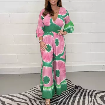 Шикарный женский комбинезон с принтом в стиле Tie-dye, Модный женский комбинезон с оборками и расклешенными рукавами, комбинезоны, Новый Повседневный комбинезон с широкими штанинами, комбинезон, комбинезон