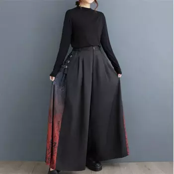 Широкие брюки с кожаной пряжкой в китайском стиле для девушек с высокой талией и ощущением драпировки Слаксы Han Element женские черные длинные брюки