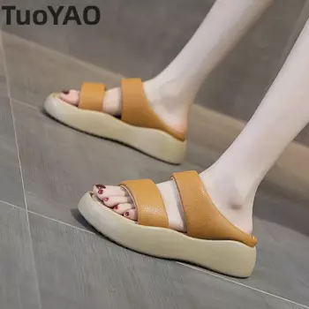 Шлепанцы женские из натуральной кожи, повседневные сандалии на танкетке 5 см, без застежки, высокие брендовые туфли на плоской подошве