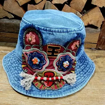 Шляпа Женская в этническом стиле, Панама с вышивкой головы тигра, винтажная Повседневная джинсовая кепка от солнца, ручная работа, летняя