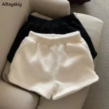 Шорты с высокой талией, женские однотонные мягкие пушистые корейские модные широкие брюки Y2k Harajuku Temper, уличная одежда, летние Cleanfit Ins