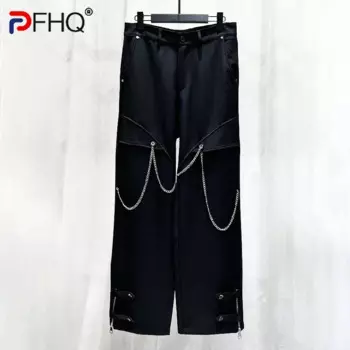 Штаны PFHQ мужские с цепочкой, Модные свободные прямые однотонные штаны в стиле сафари, с продвинутой молнией, 21Z4944