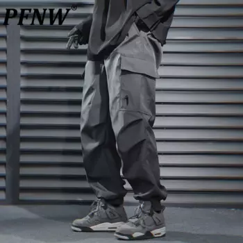 Штаны Techwear PFNW мужские на шнуровке, Свободные повседневные рабочие штаны, брюки с большими карманами, с эластичным поясом, длинные, черные, 12C1471